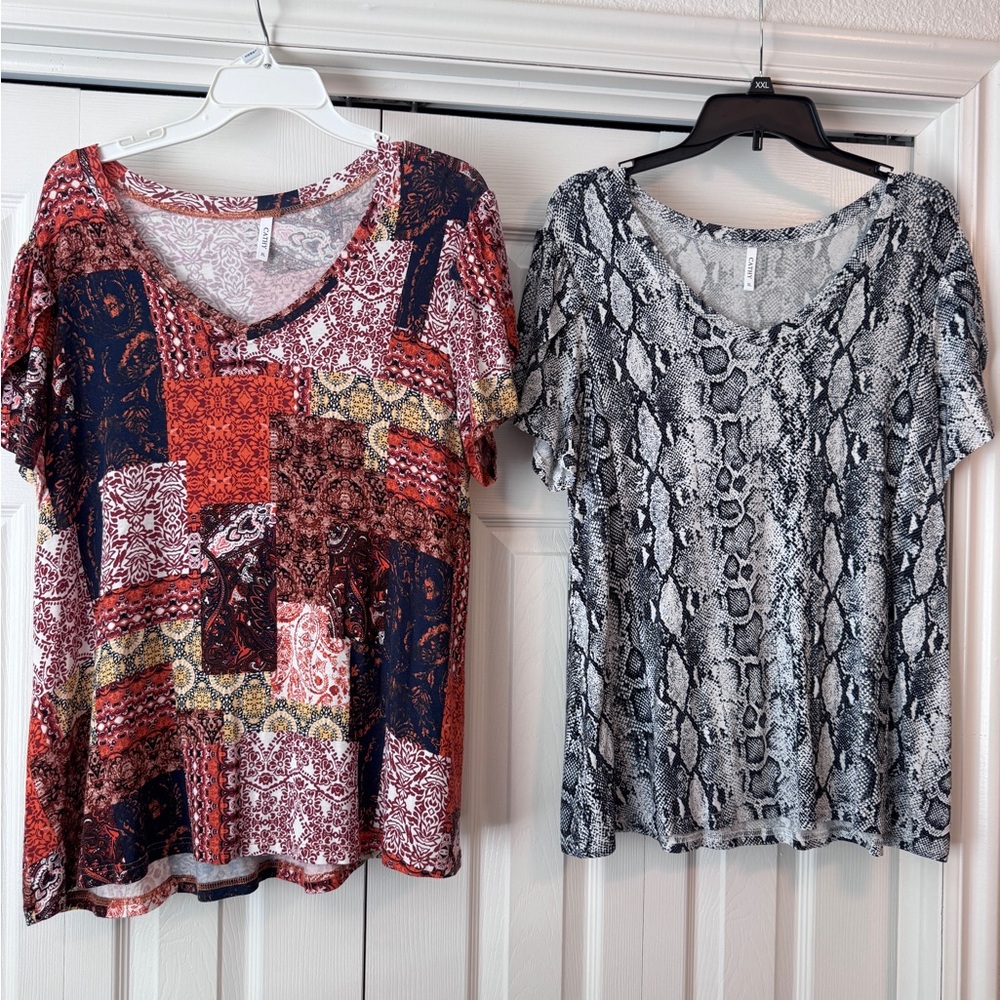 2 V-Neck Cathy Short Sleeve Tops in Red Multi Patchwork & Snake Skin Pattern